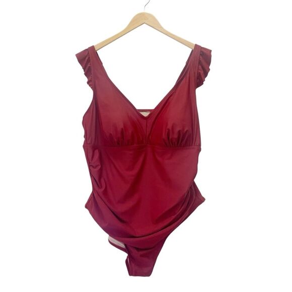 NWT Kona Sol One Piece Swimsuit Size 22W Brick Red Ruffle Strap Ruched Plus Size - Picture 5 of 16